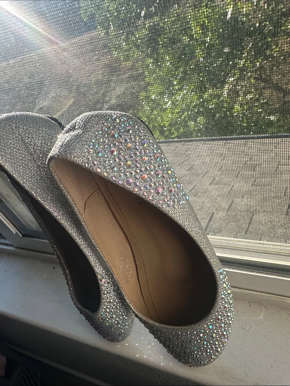Crystal-Studded Silver Ballet Flats by Unbranded